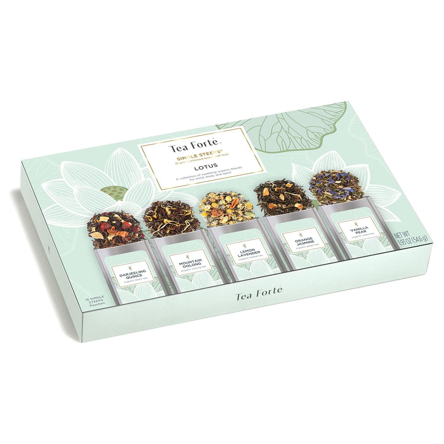 Tea Forte top-down variety layout showing five blends and tasting options