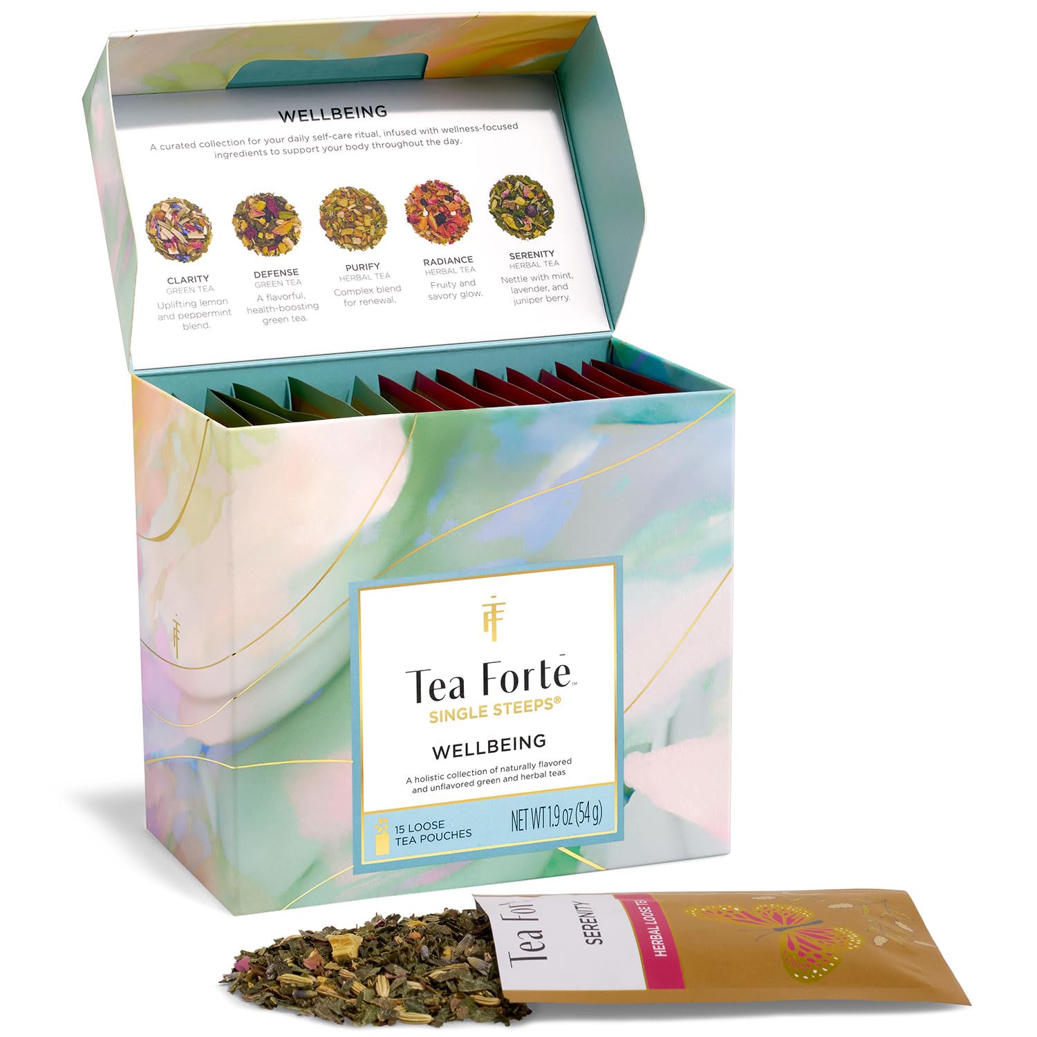 Tea Forte wellbeing sampler box front showing assorted pouch display and premium packaging