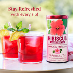 Ruby-red tea pouring into cup showing The Republic of Tea refreshing serving benefit