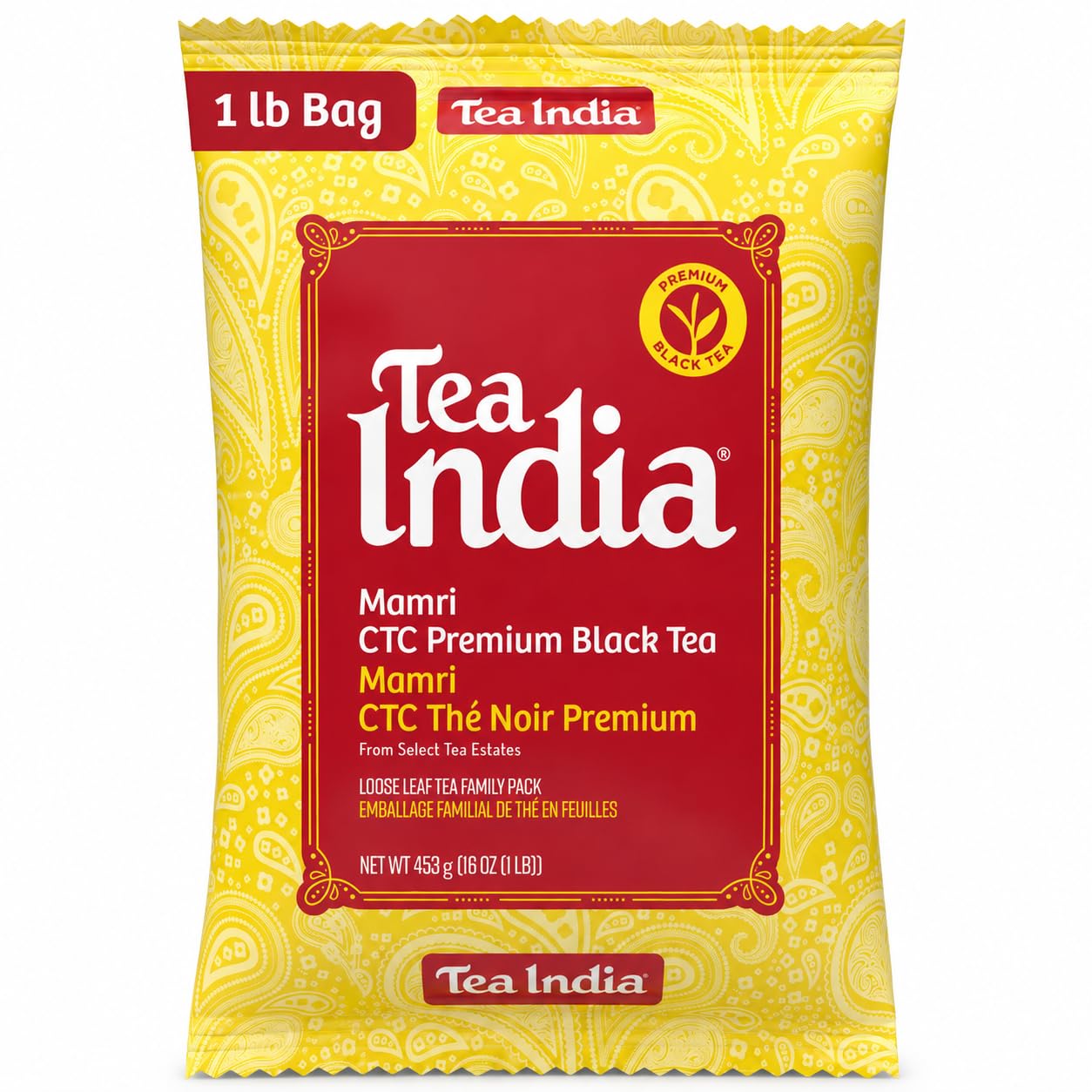 Tea India front packaging showing one pound bag and clear label, highlights quality