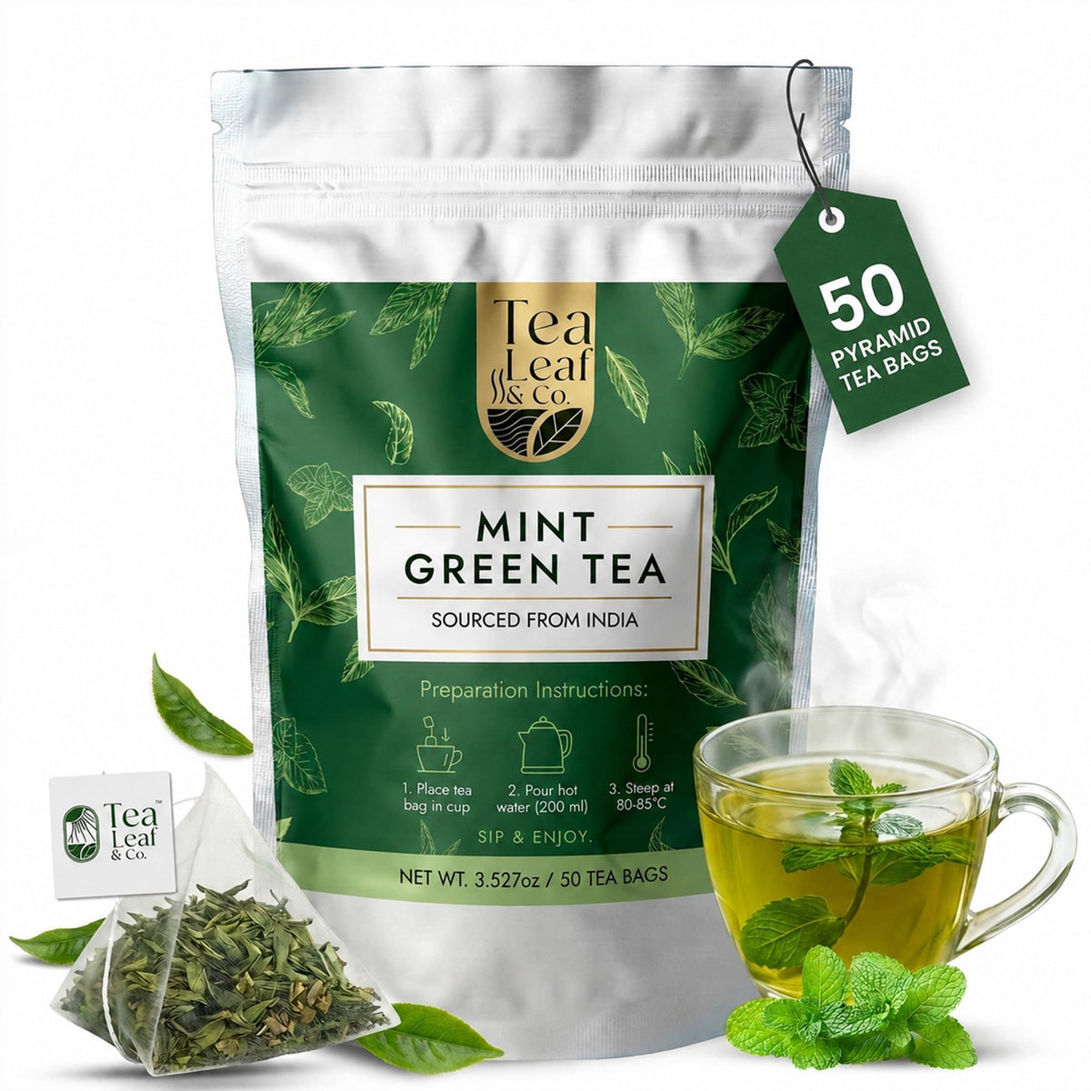 Tea Leaf & Co. front pouch showing mint green tea benefits and eco packaging