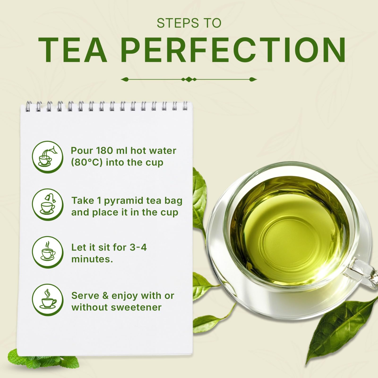 Tea Leaf & Co. iced mint green tea in glass showing cooling refreshment benefit