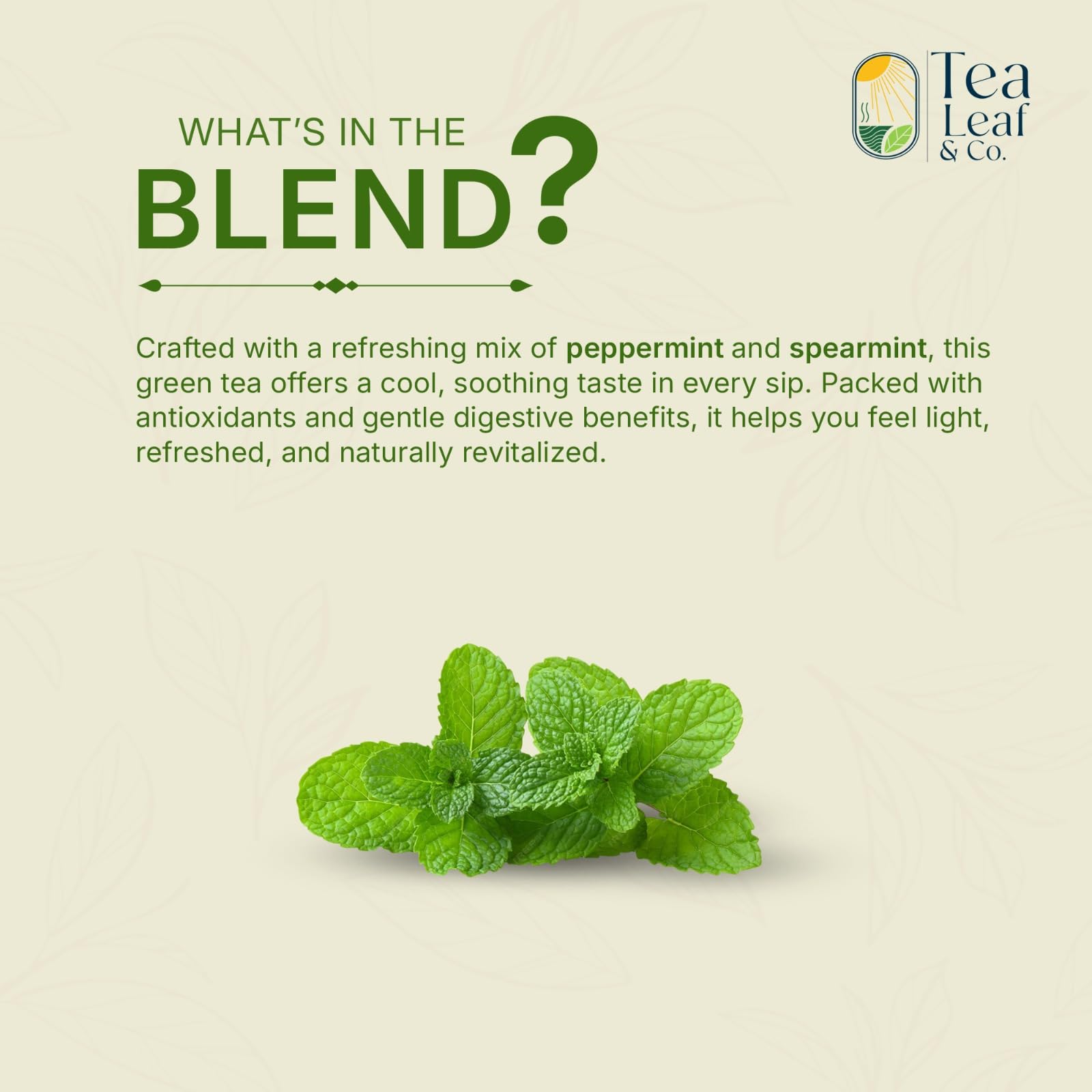 Tea Leaf & Co. pyramid tea bag close-up revealing natural blend benefits
