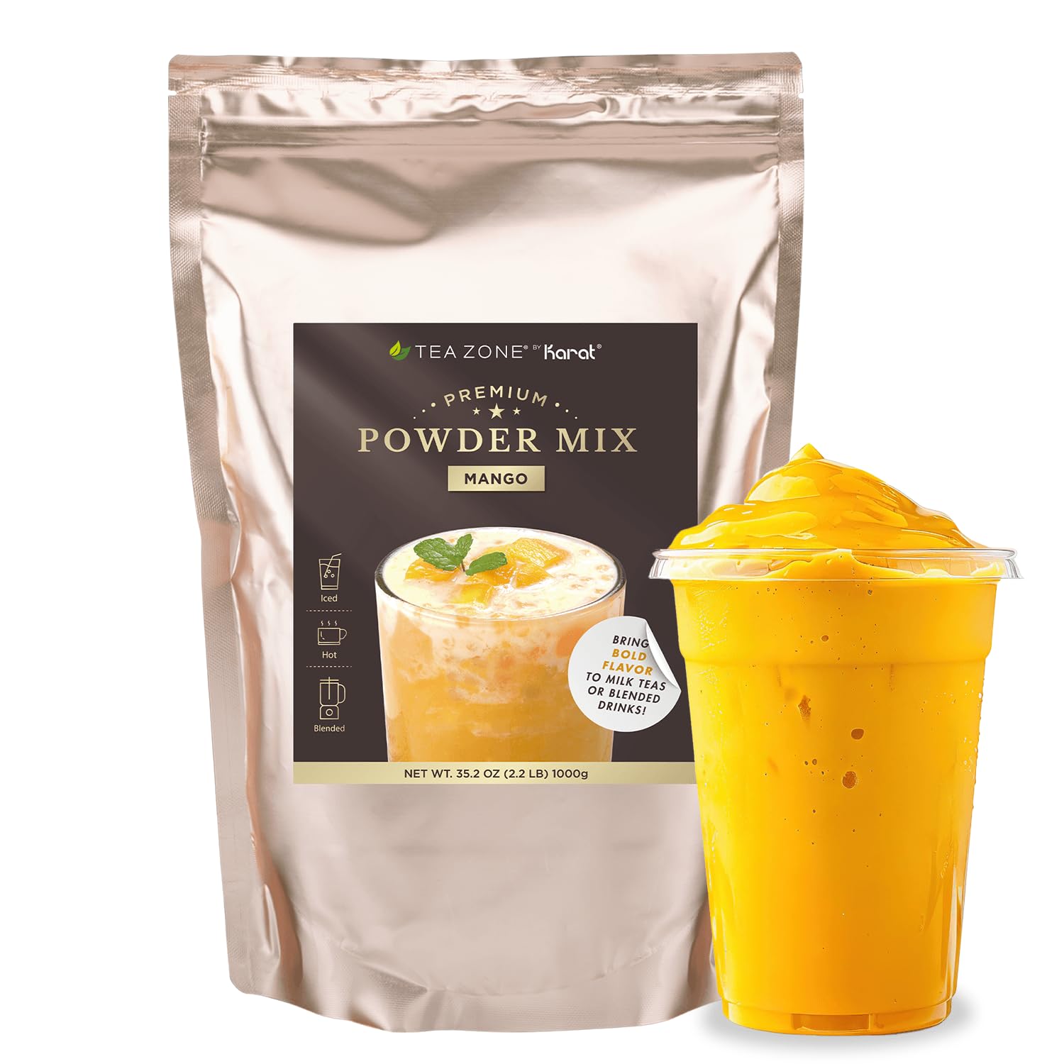 TEA ZONE front pouch showing mango powder branding and resealable pack benefit