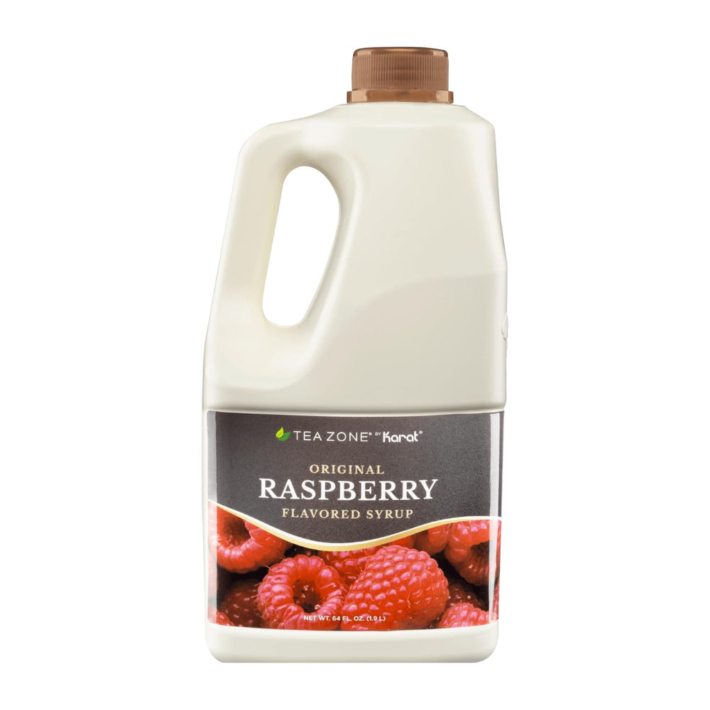 TEA ZONE front label of 64 oz raspberry syrup showing product branding and volume