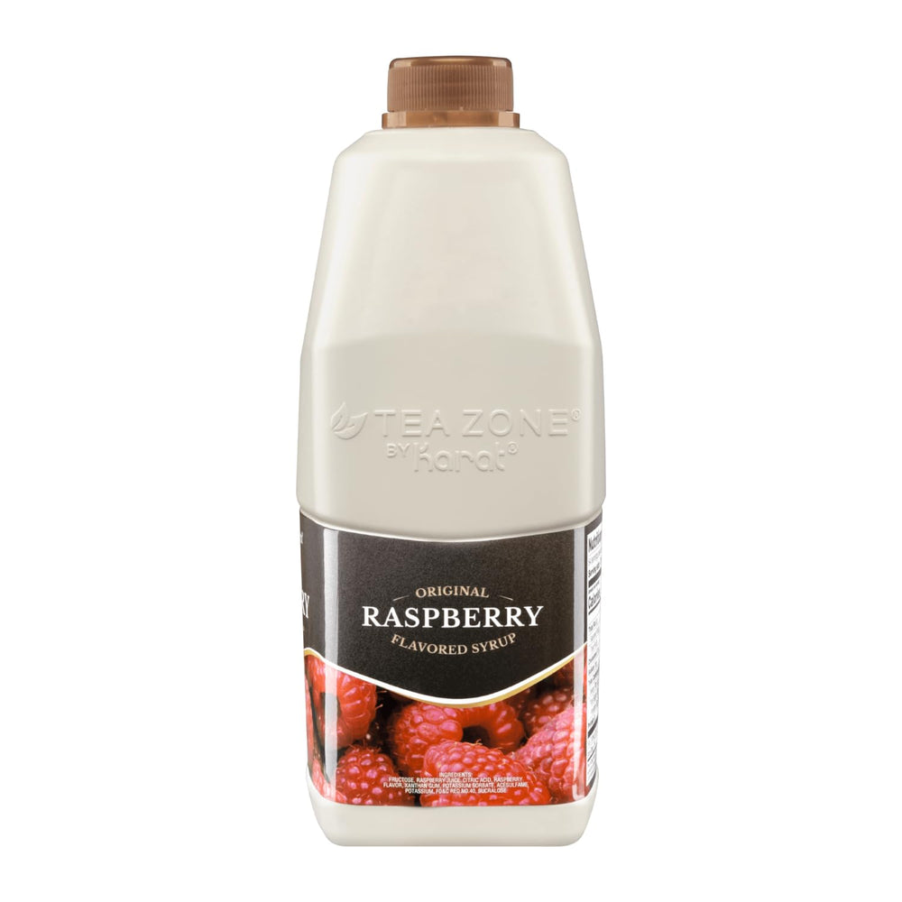 TEA ZONE pump dispensing raspberry syrup into a measuring cup for accurate pours