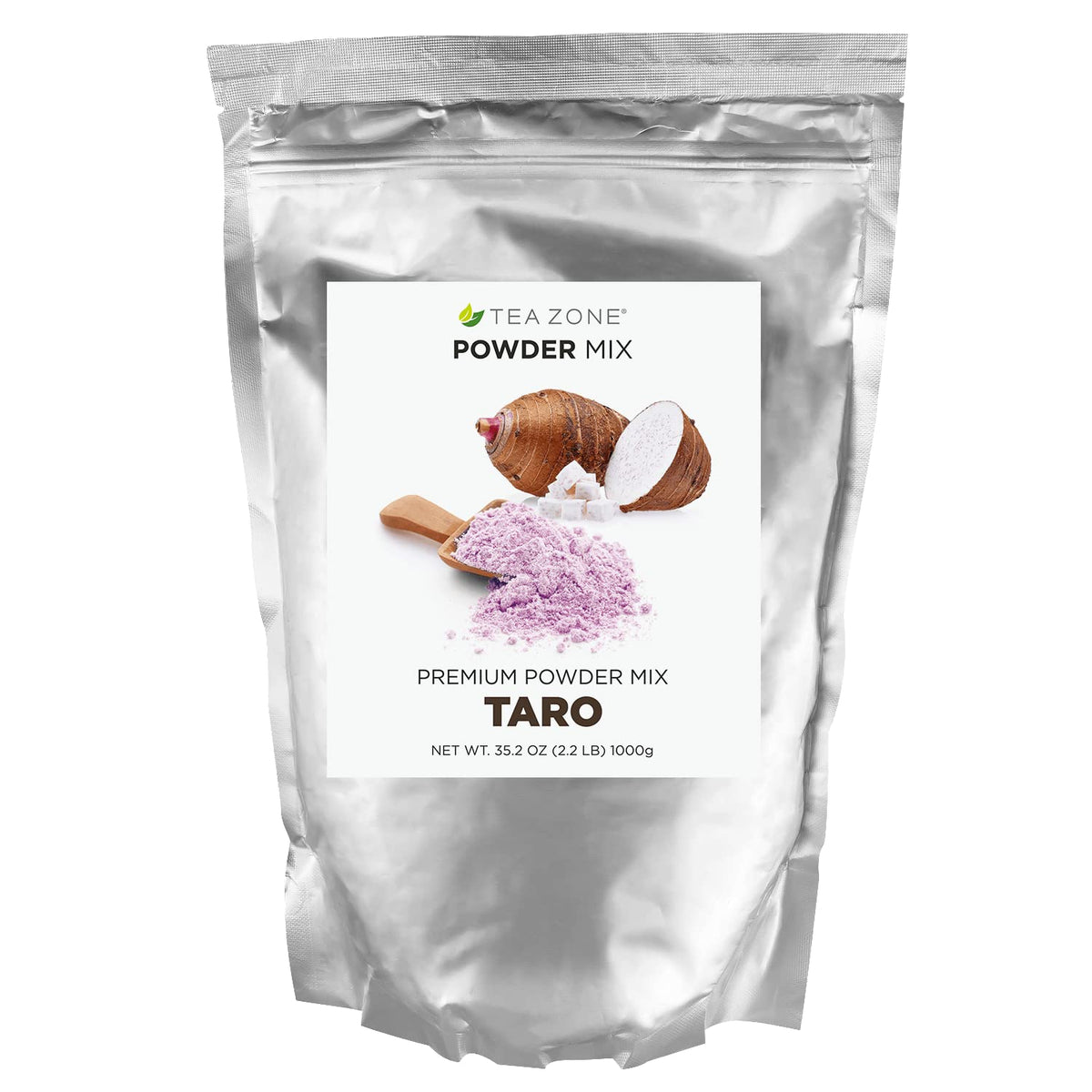 TEA ZONE front pouch showing taro powder packaging and benefit of freshness