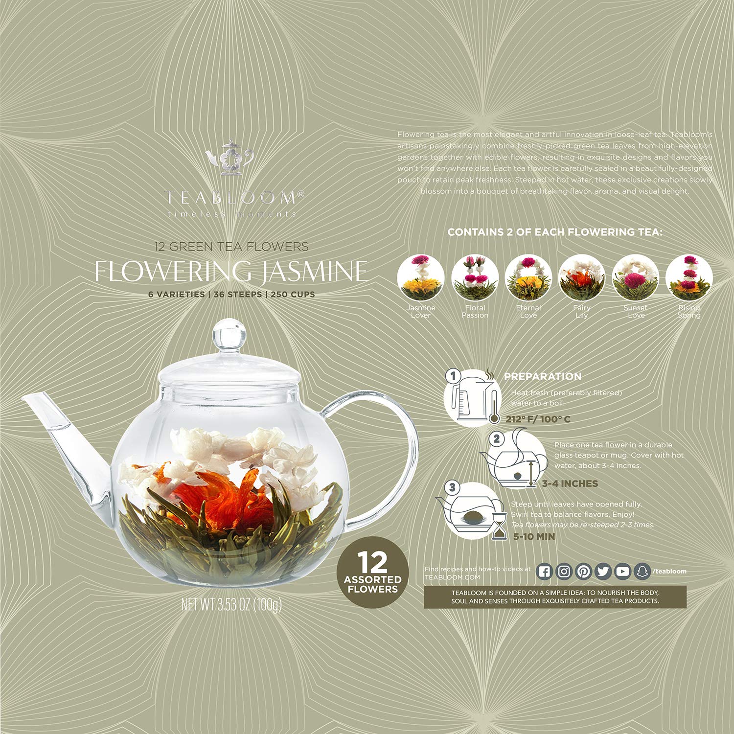 Teabloom blooming tea inside glass teapot with open jasmine blossom for visual appeal