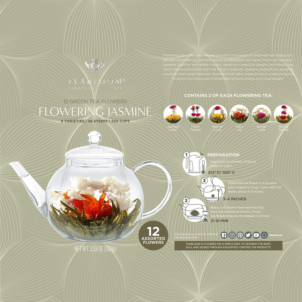Teabloom blooming tea inside glass teapot with open jasmine blossom for visual appeal