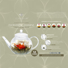 Teabloom blooming tea inside glass teapot with open jasmine blossom for visual appeal
