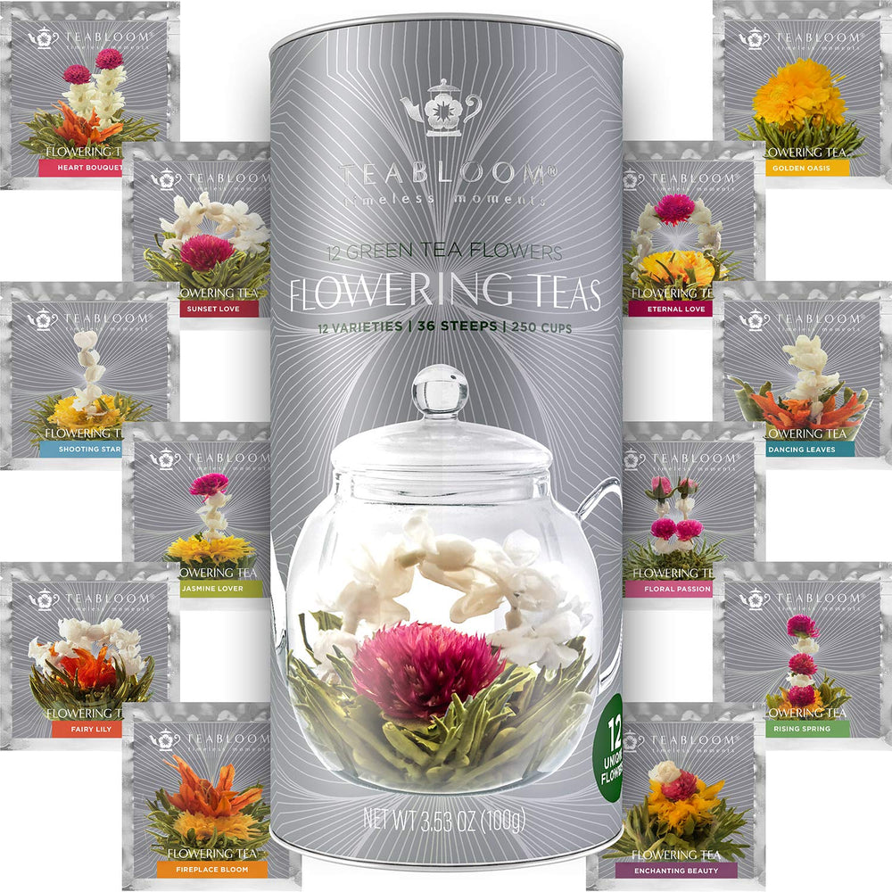Teabloom canister front view showing elegant gift packaging and variety