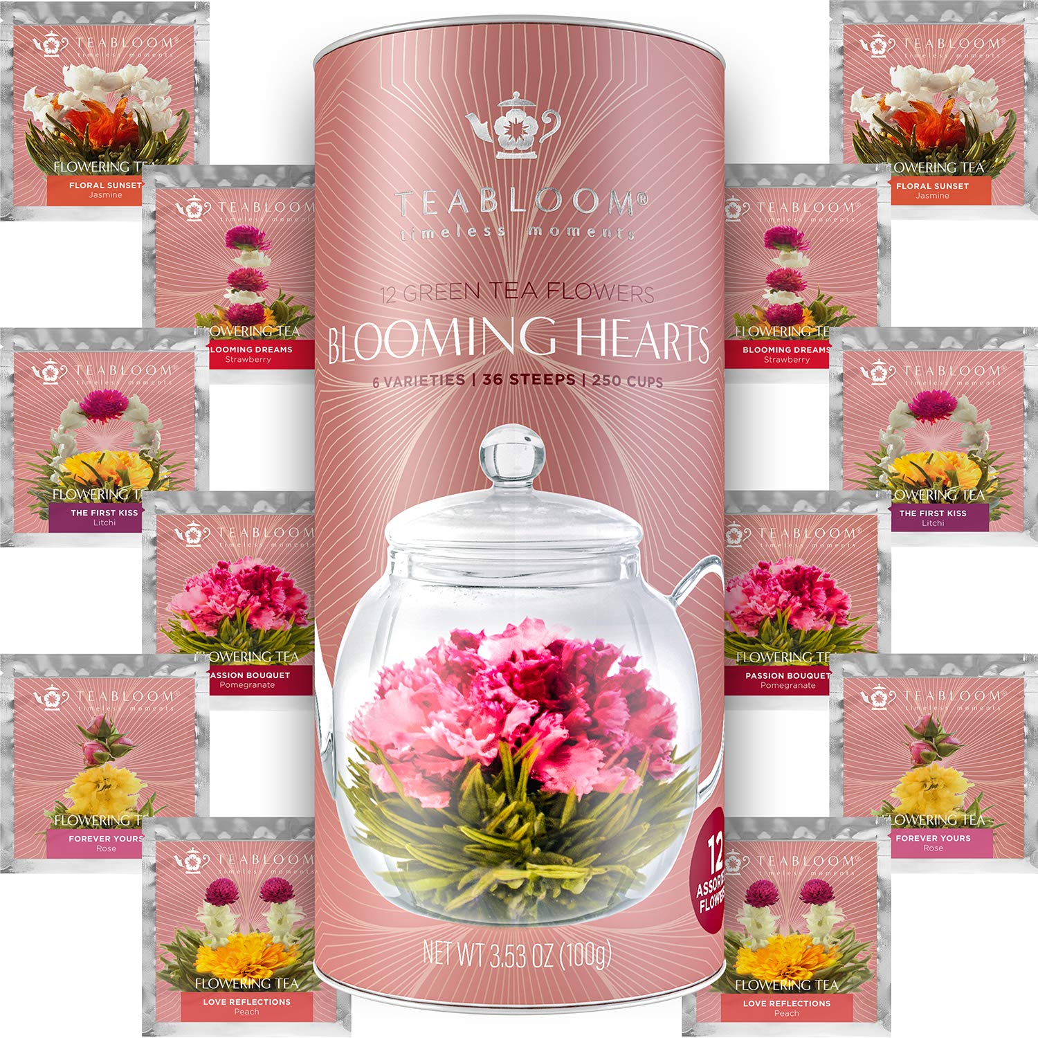 Teabloom front packaging showing assorted heart-shaped tea blooms and premium gift look