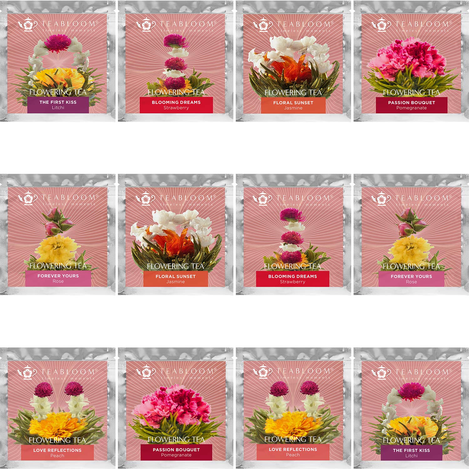 Teabloom heart-shaped bloom unfurled in glass, visual tea show and aromatic benefit
