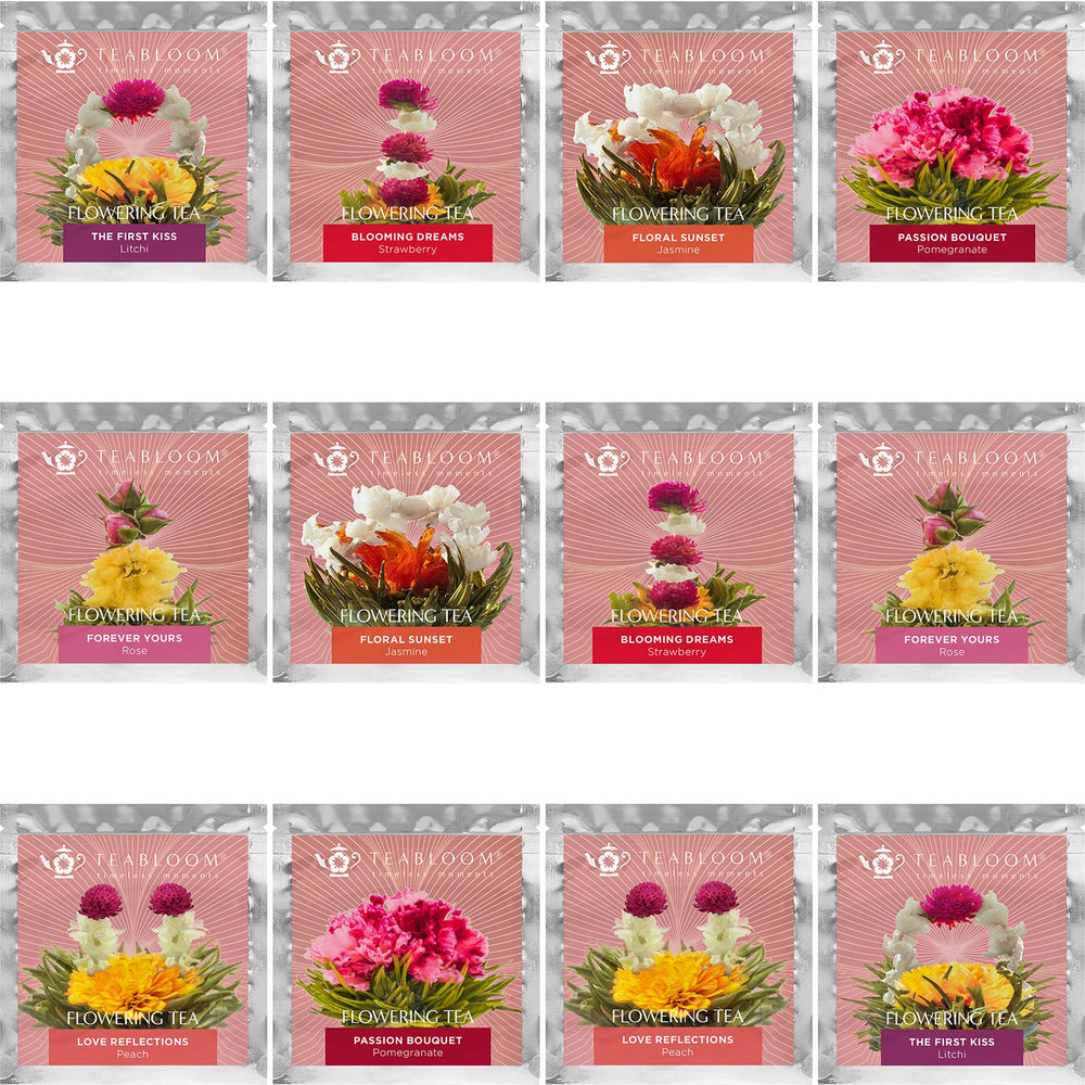 Teabloom heart-shaped bloom unfurled in glass, visual tea show and aromatic benefit