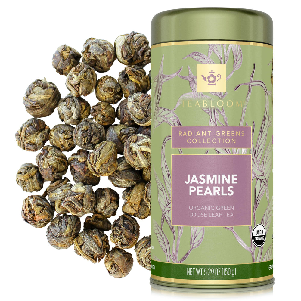 Teabloom canister front view showing organic label and airtight seal for freshness