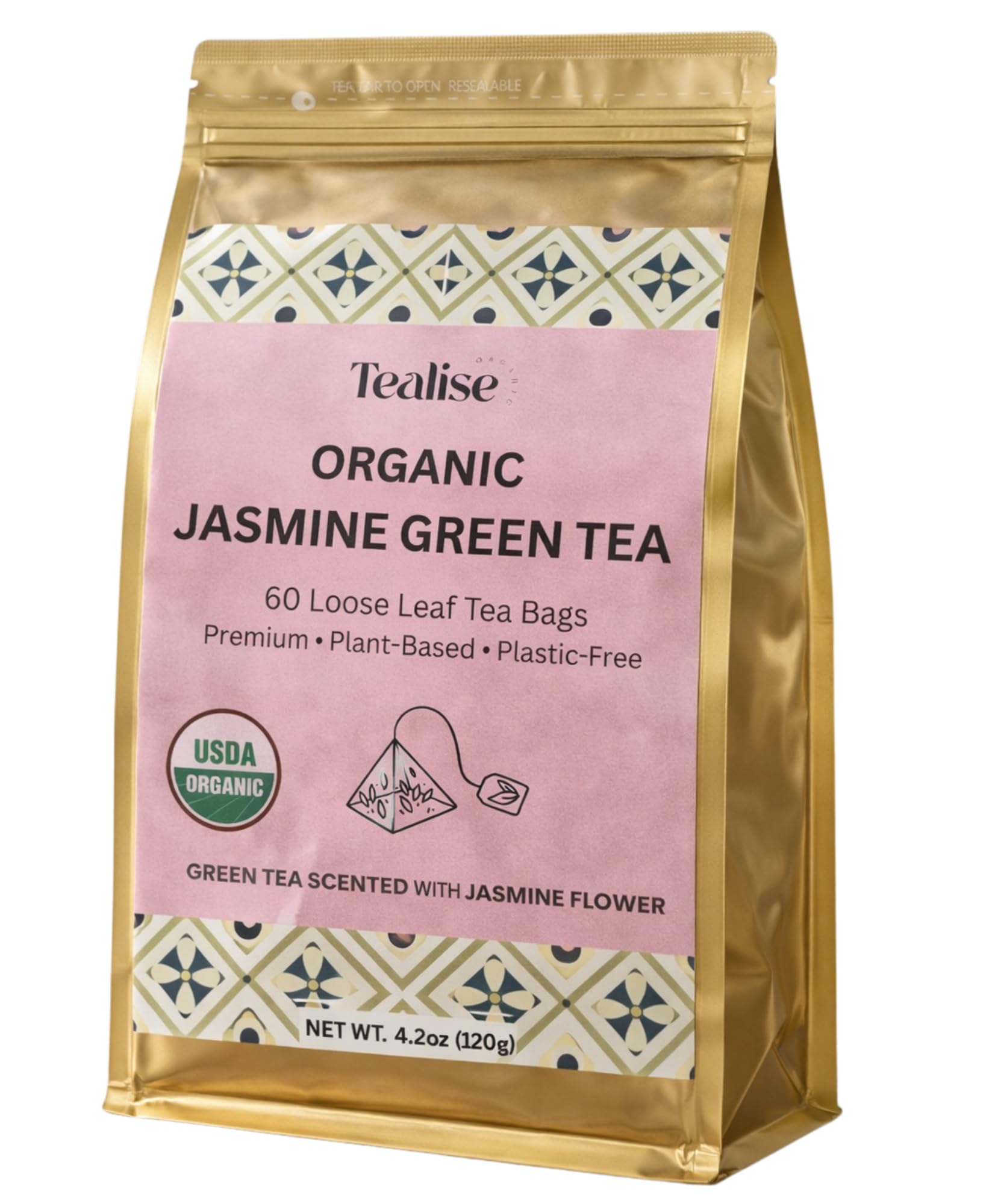 Tealise box front view showing organic jasmine green tea benefits