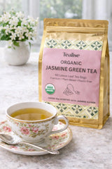 Tealise brewed cup of jasmine green tea showcasing smooth aroma