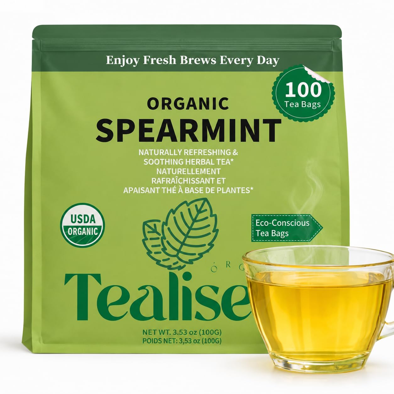 Tealise tea bag close-up displaying plant-based material and easy steeping benefit