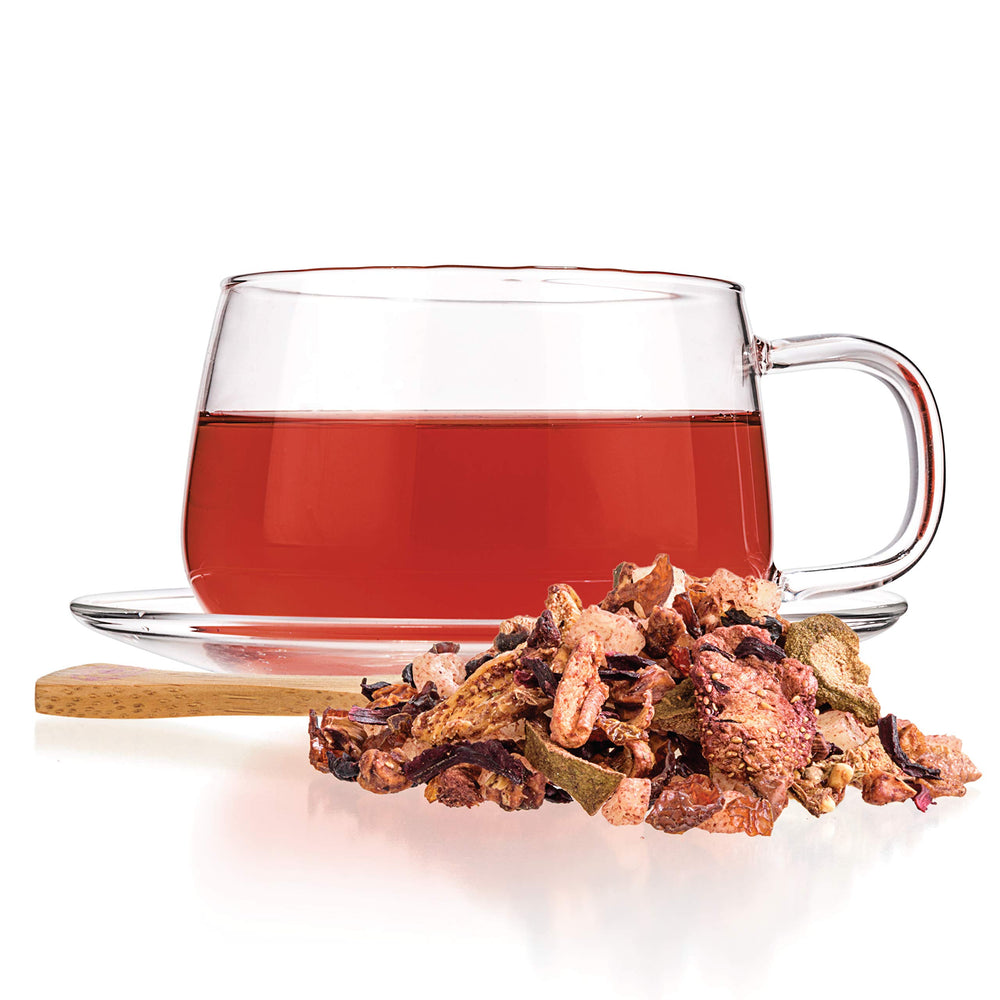 Tealyra brewed cup with deep crimson color showing rich fruit infusion
