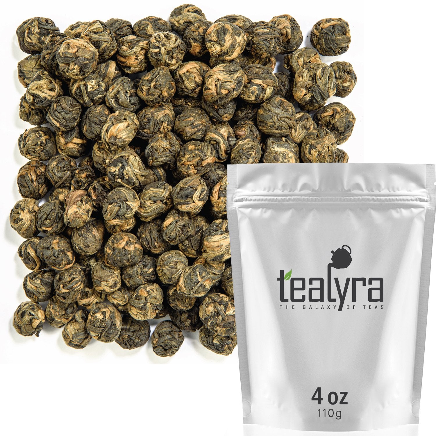Tealyra front packaging showing Black Dragon Pearls and clear weight label for storage benefit