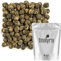Tealyra front packaging showing Black Dragon Pearls and clear weight label for storage benefit