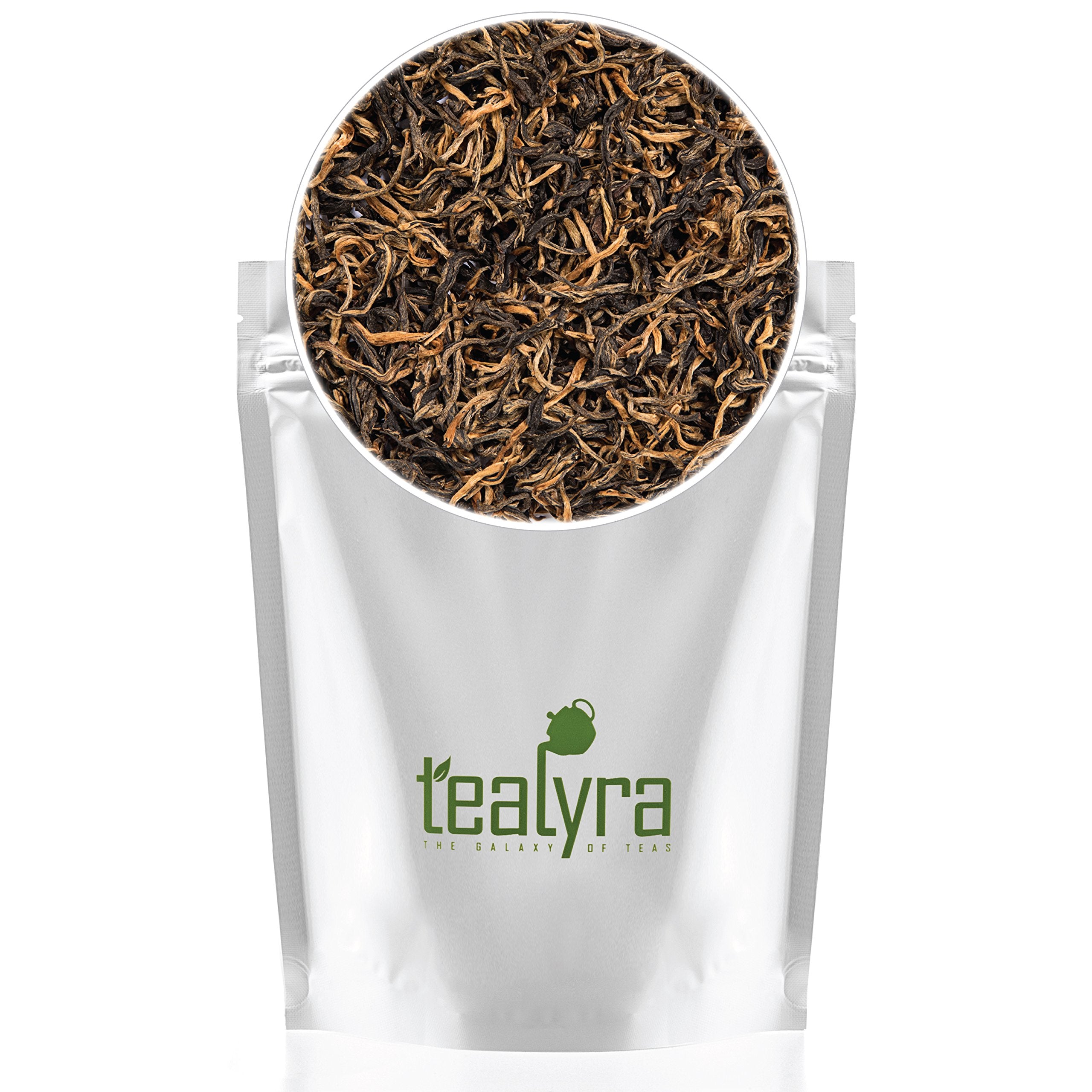 Tealyra loose leaves beside a scale showing 220g portion accuracy