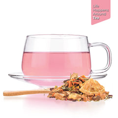 Tealyra brewed cup with rose-colored tea highlighting aroma and hot infusion