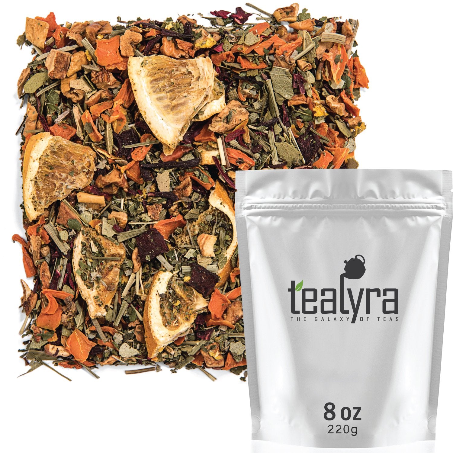 Tealyra front packaging highlighting vibrant citrus, invites refreshing brew