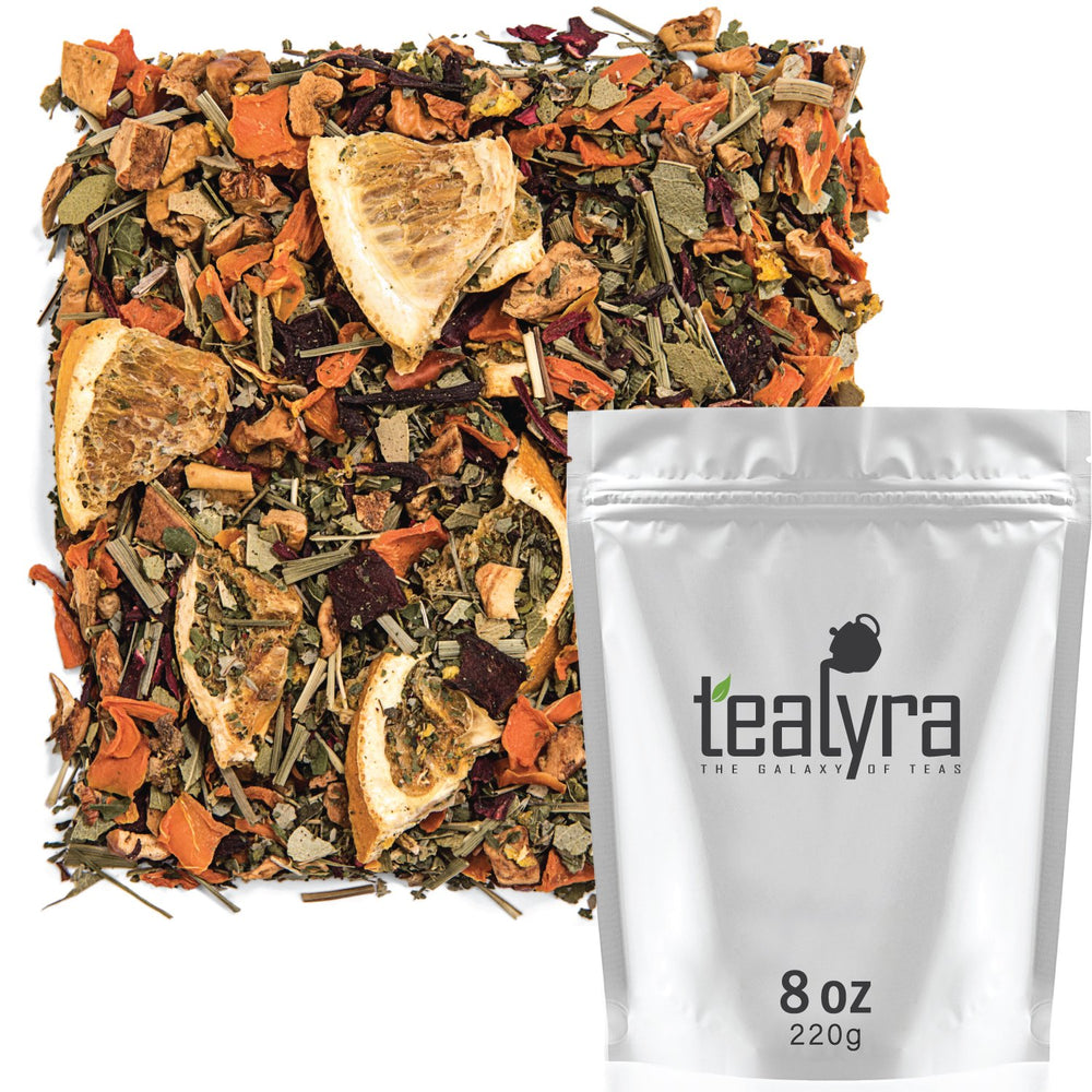 Tealyra front packaging highlighting vibrant citrus, invites refreshing brew