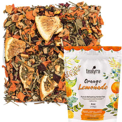 Tealyra front packaging showing orange lemonade herbal tea and serving suggestion
