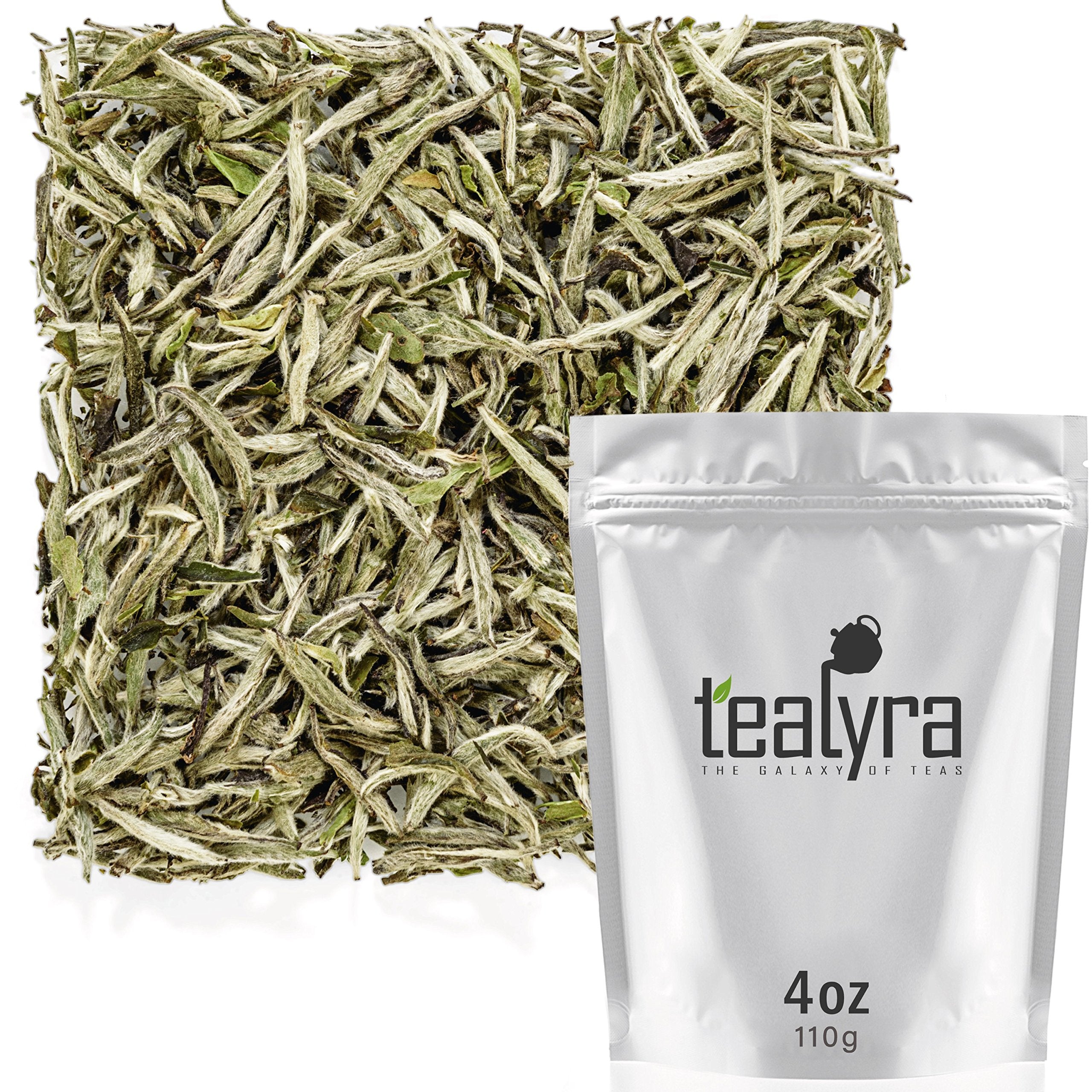 Tealyra front packaging showing 110g Silver Needle tea and premium branding benefits