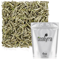 Tealyra front packaging showing 110g Silver Needle tea and premium branding benefits