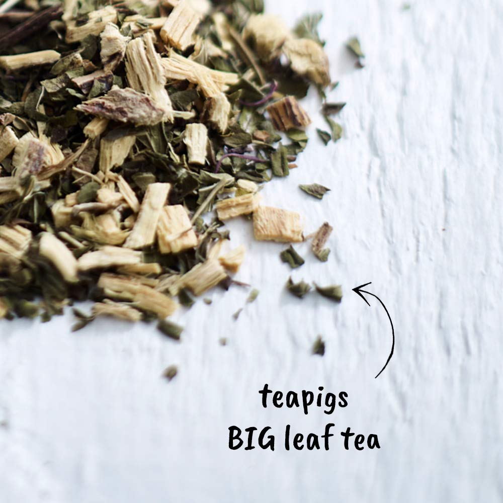 teapigs closeup of liquorice root and peppermint leaves, emphasizes full-leaf quality