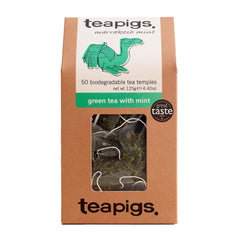 teapigs front packaging showing 50-count temples and refreshing branding