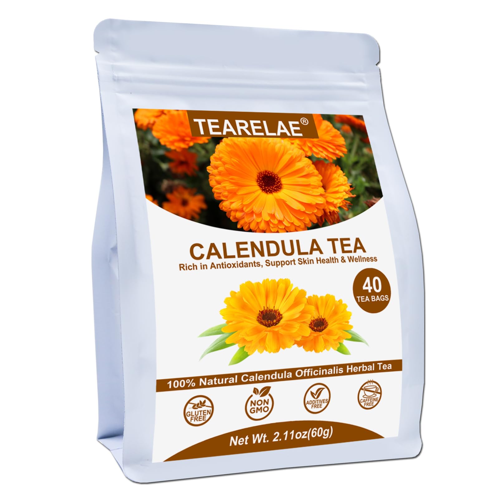 TEARELAE front packaging showing box of calendula tea for convenient brewing