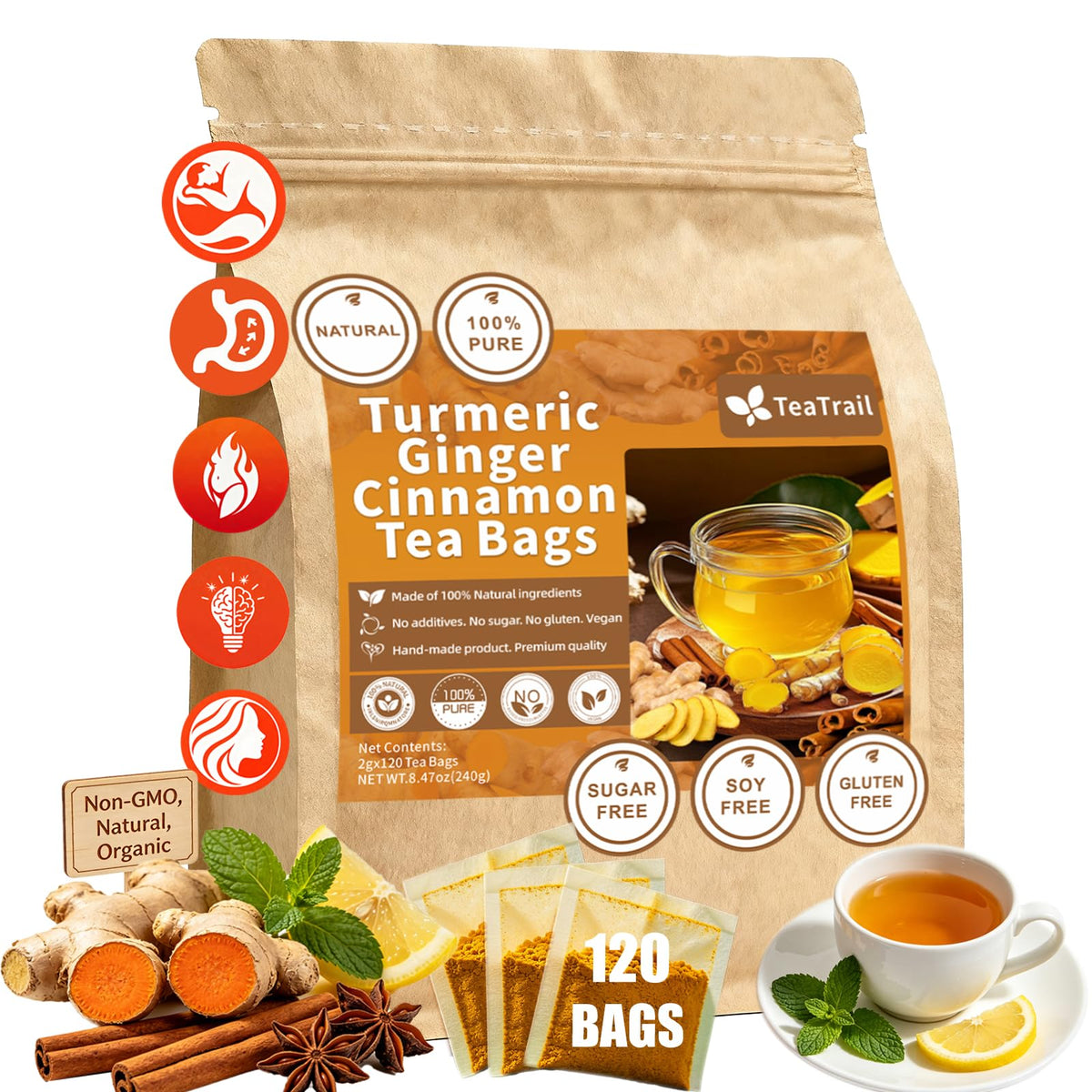 TeaTrail front packaging showing resealable kraft bag and 120-count convenience