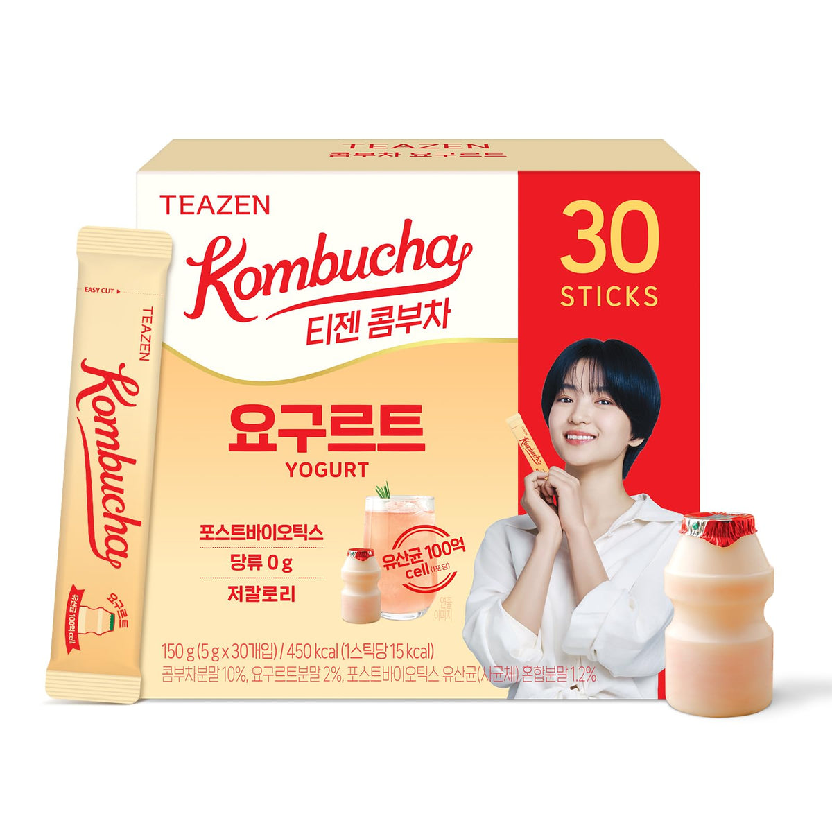 TEAZEN front packaging showing 30 yogurt kombucha sticks and benefits
