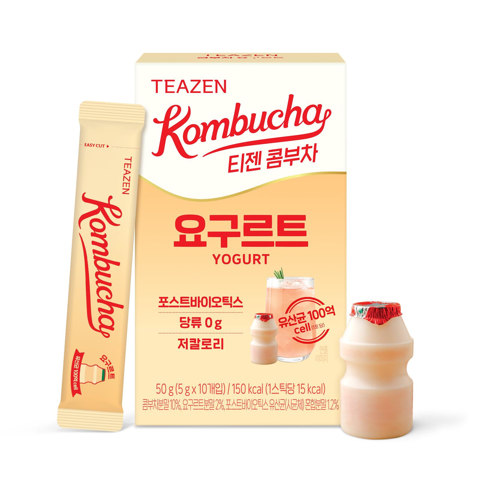 TEAZEN front packaging showing yogurt kombucha sticks and benefits