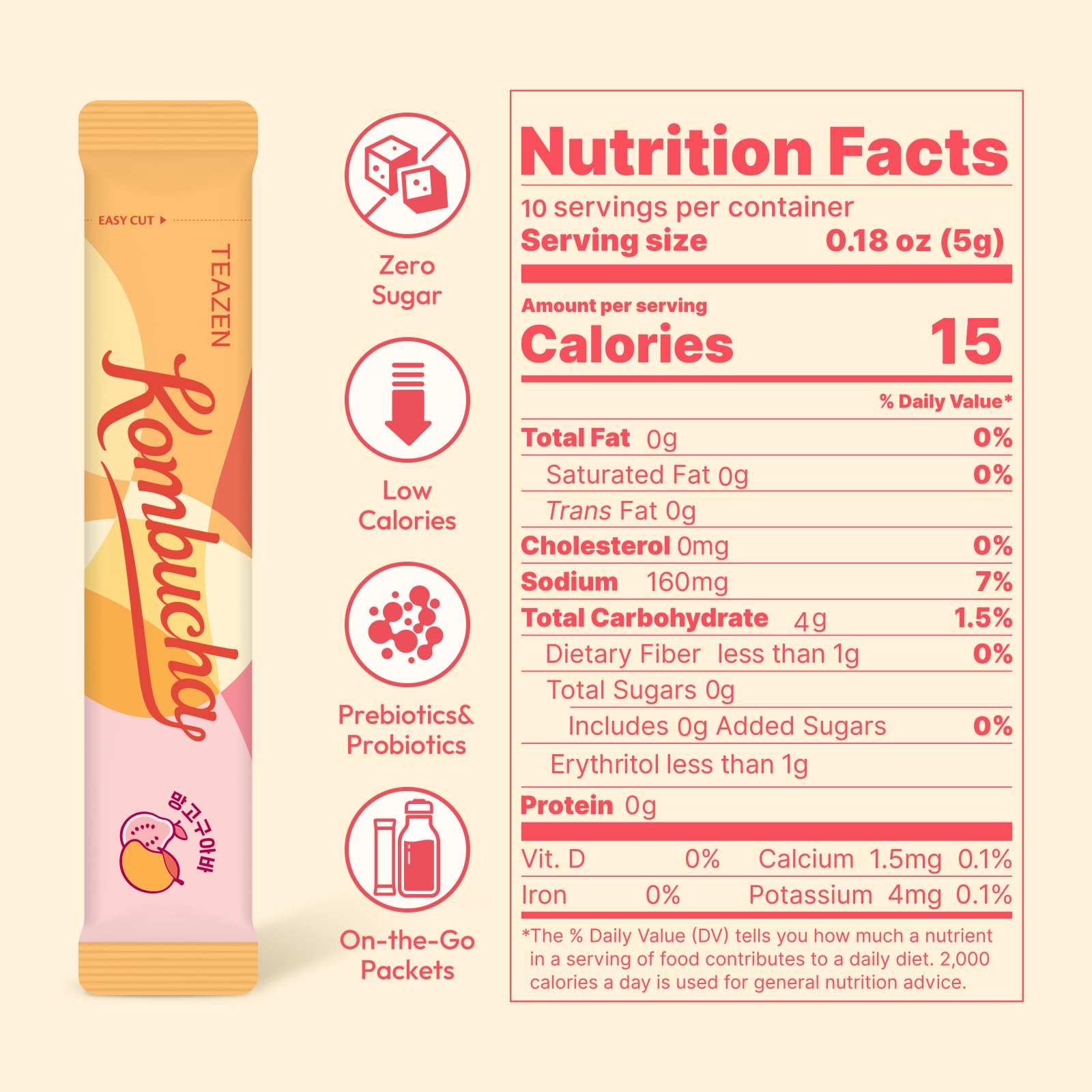 TEAZEN packet used on a beach scene conveying tropical flavor and on-the-go hydration