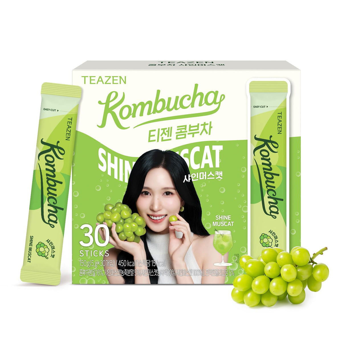 TEAZEN box front view showing Shine Muscat packets and compact packaging benefit portability