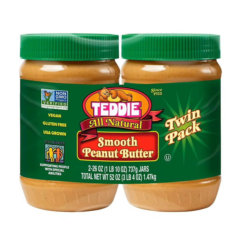 Teddie smooth peanut butter front packaging showing brand and two 26 oz jars, reliable pantry staple