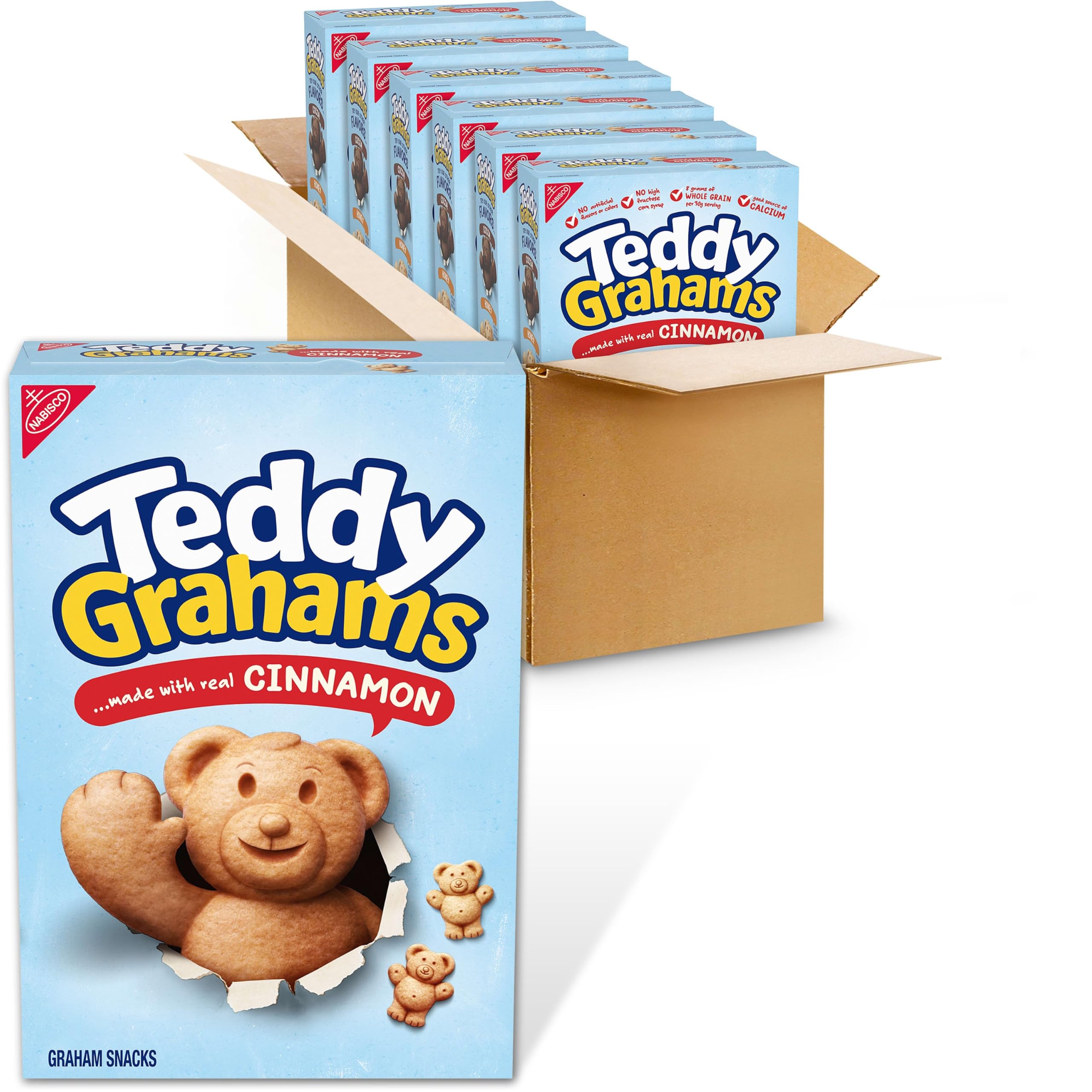 Teddy Grahams front packaging shows box and brand, easy pantry grab benefit