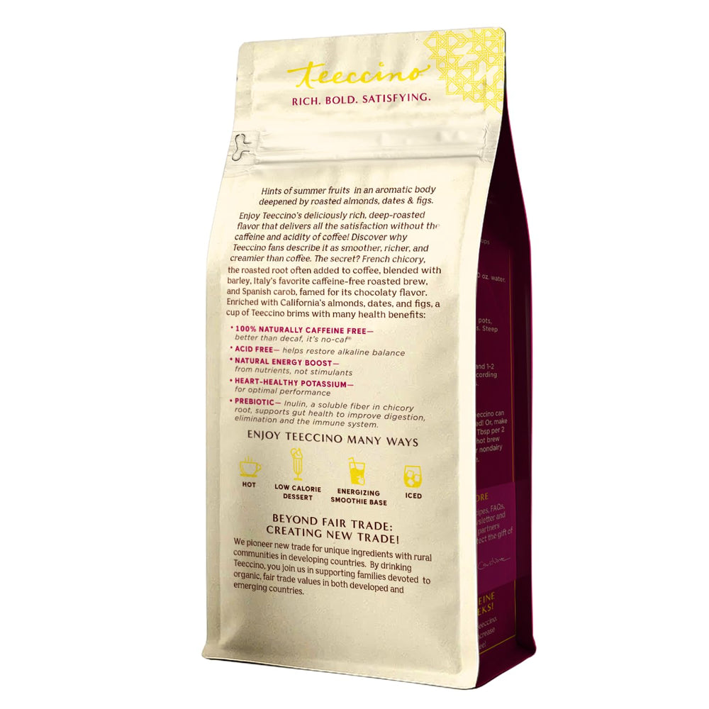 Close-up of Teeccino ingredient label highlighting prebiotic and organic