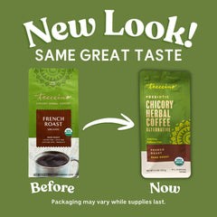 Brewed Teeccino cup front view emphasizing rich dark-roast aroma