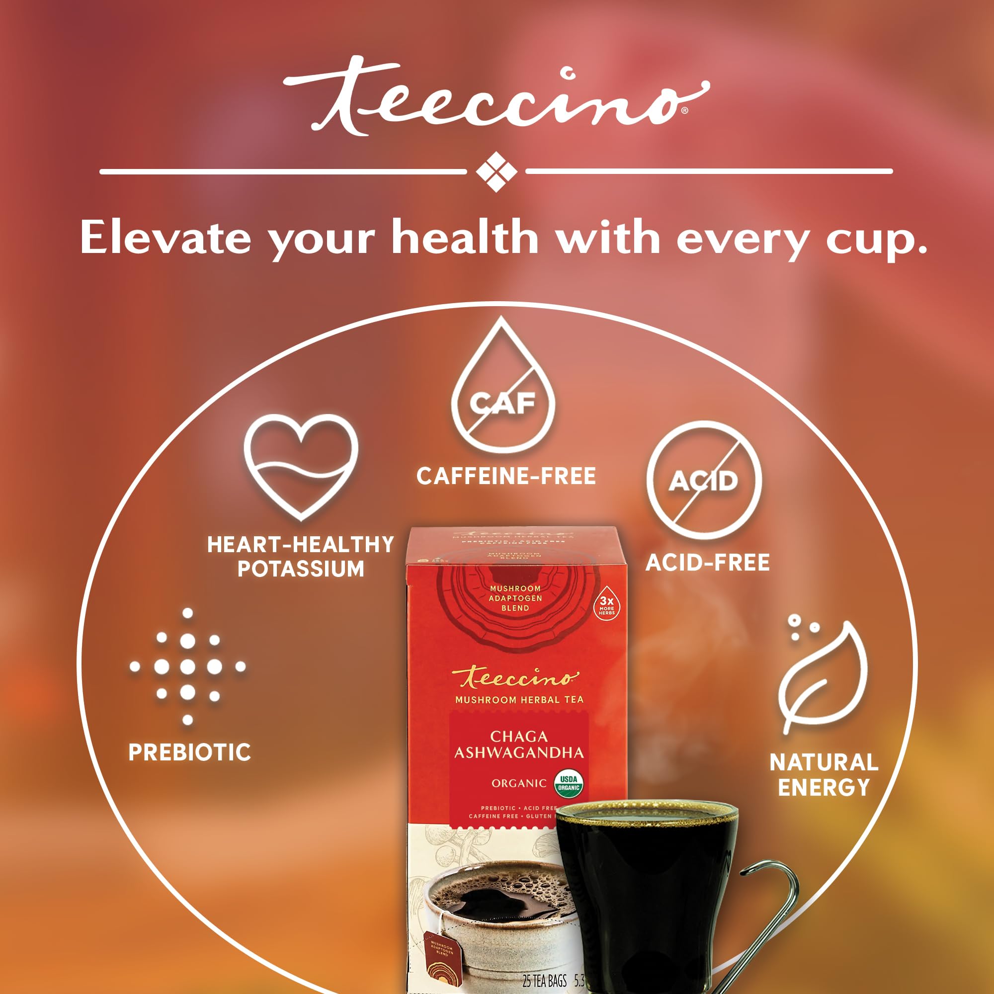 Steaming Teeccino brewed cup turned into a creamy latte illustrating smooth taste