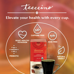 Steaming Teeccino brewed cup turned into a creamy latte illustrating smooth taste