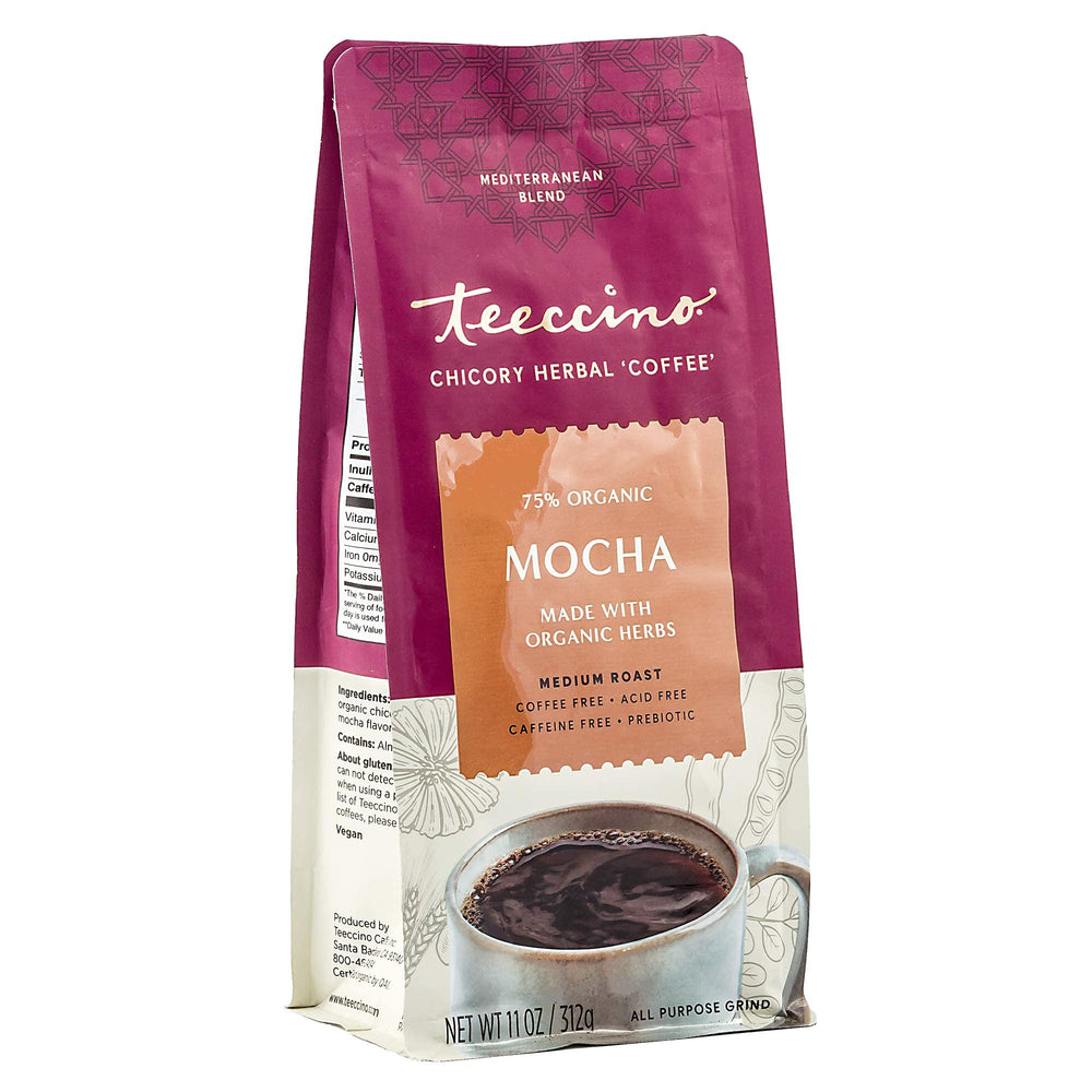 Cup of brewed Teeccino in lifestyle setting demonstrating robust coffee-like flavor