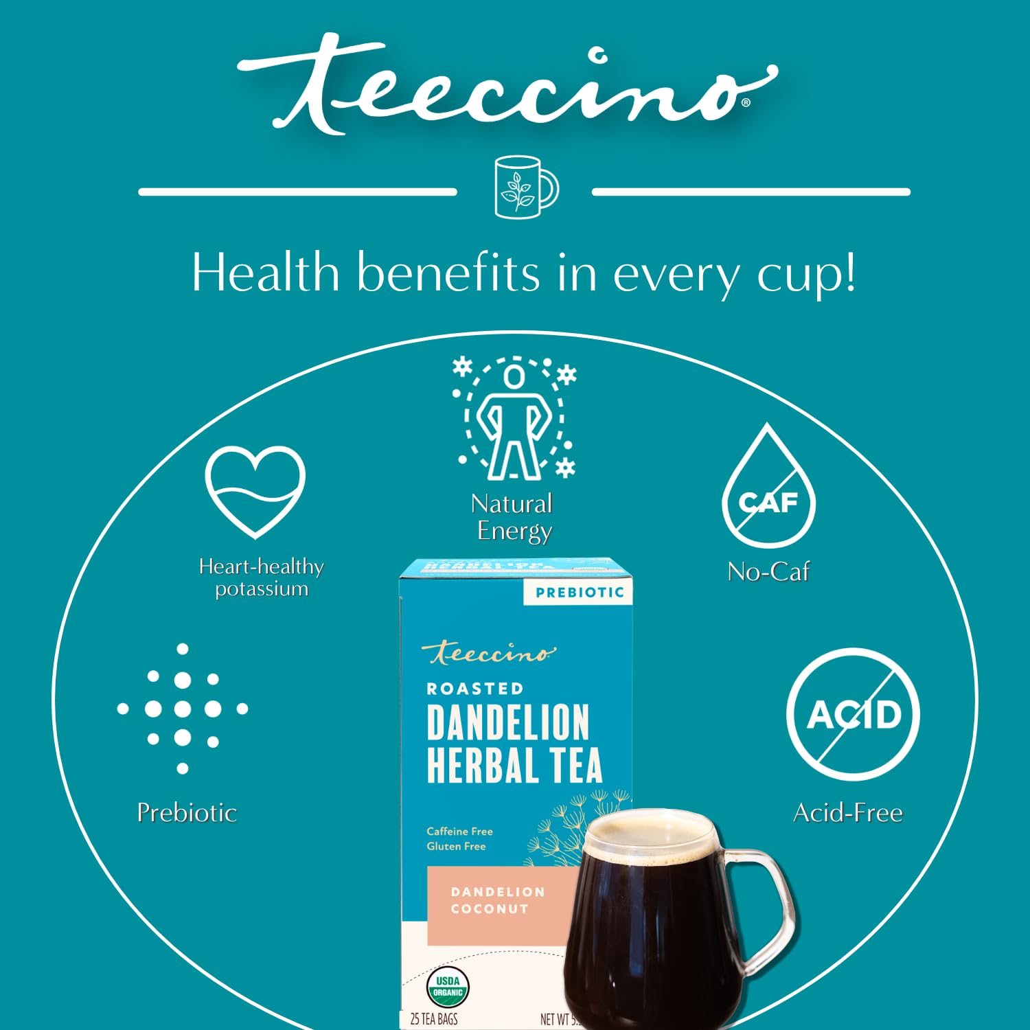 Steaming brewed cup of Teeccino Dandelion Coconut Tea demonstrating warm, dessert-like aroma