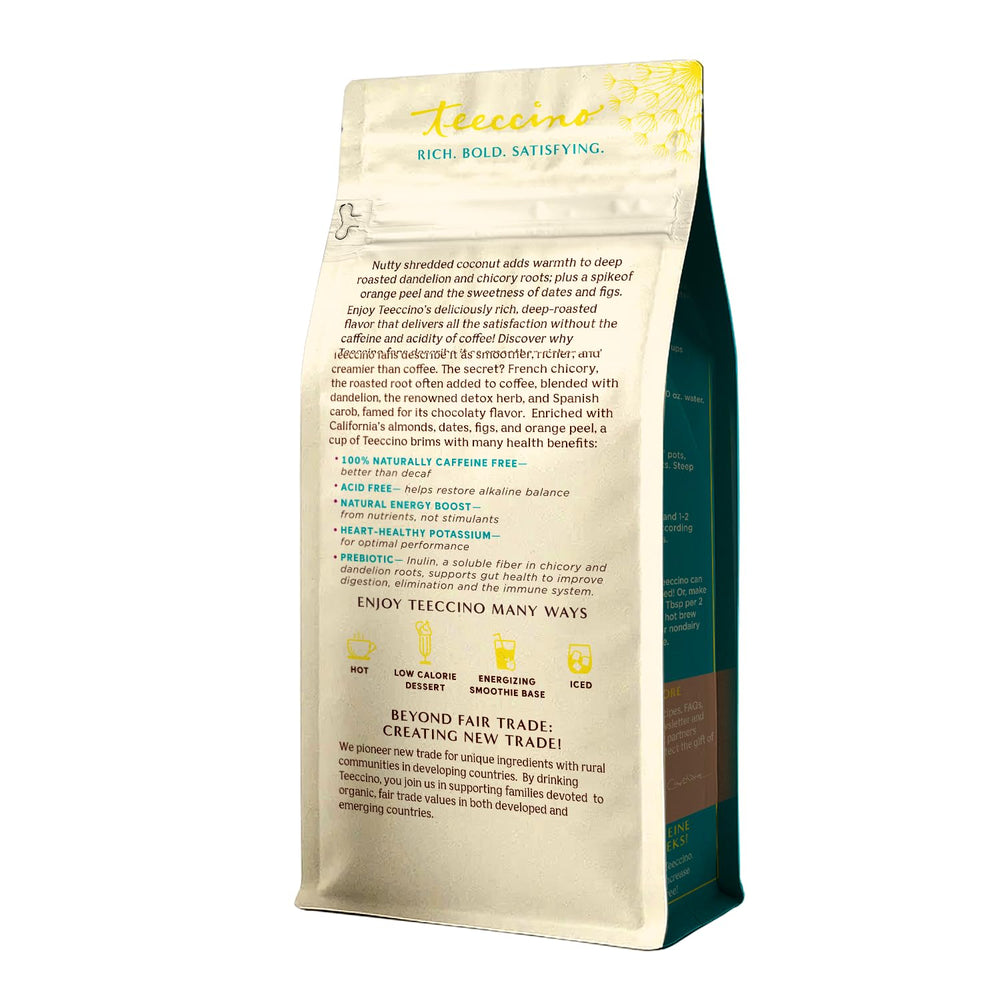 Ingredients layout of Teeccino showing dandelion, chicory, coconut