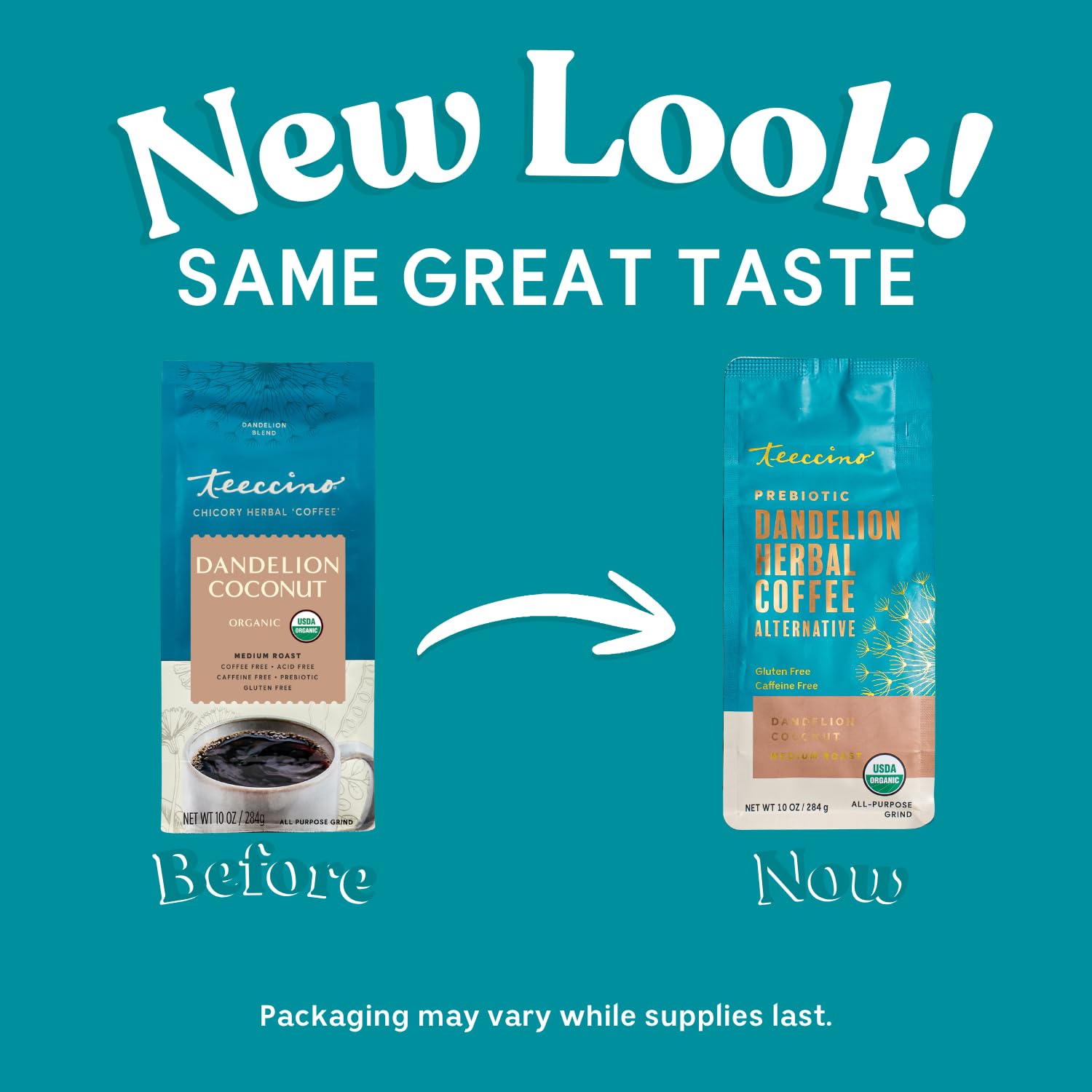 Teeccino open bag with medium-grind brewed substitute visible